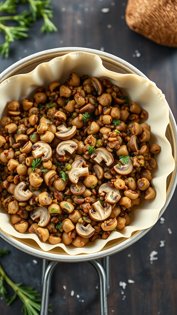A bowl of savory mushroom and lentil mixture, ready for filling into pastry.