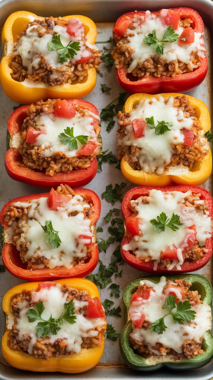 Colorful stuffed bell peppers with ground turkey and cheese, garnished with parsley