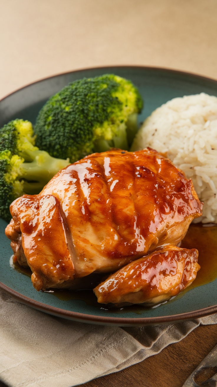 A plate of teriyaki chicken breast served with rice and broccoli.