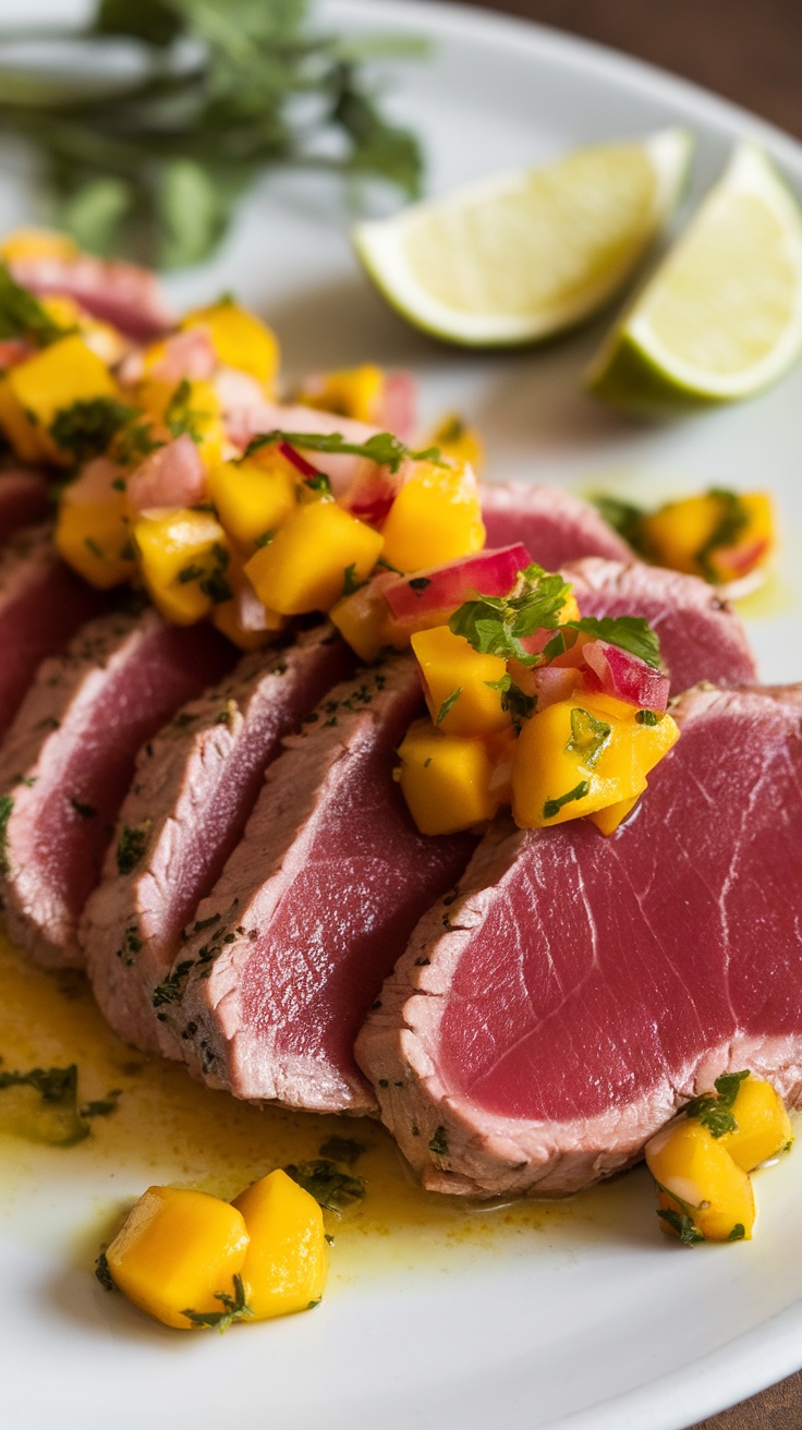 Seared Ahi Tuna Steak with Mango Salsa on a plate, garnished with lime wedges.