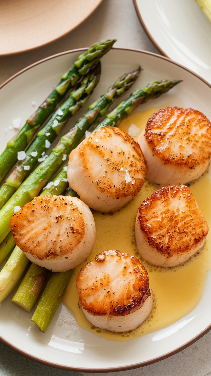 Seared scallops with lemon butter sauce and roasted asparagus on a plate