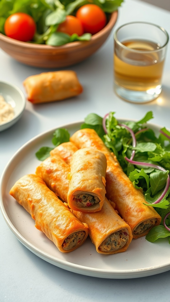 A plate of vegan sausage rolls alongside a fresh salad with greens and cherry tomatoes.