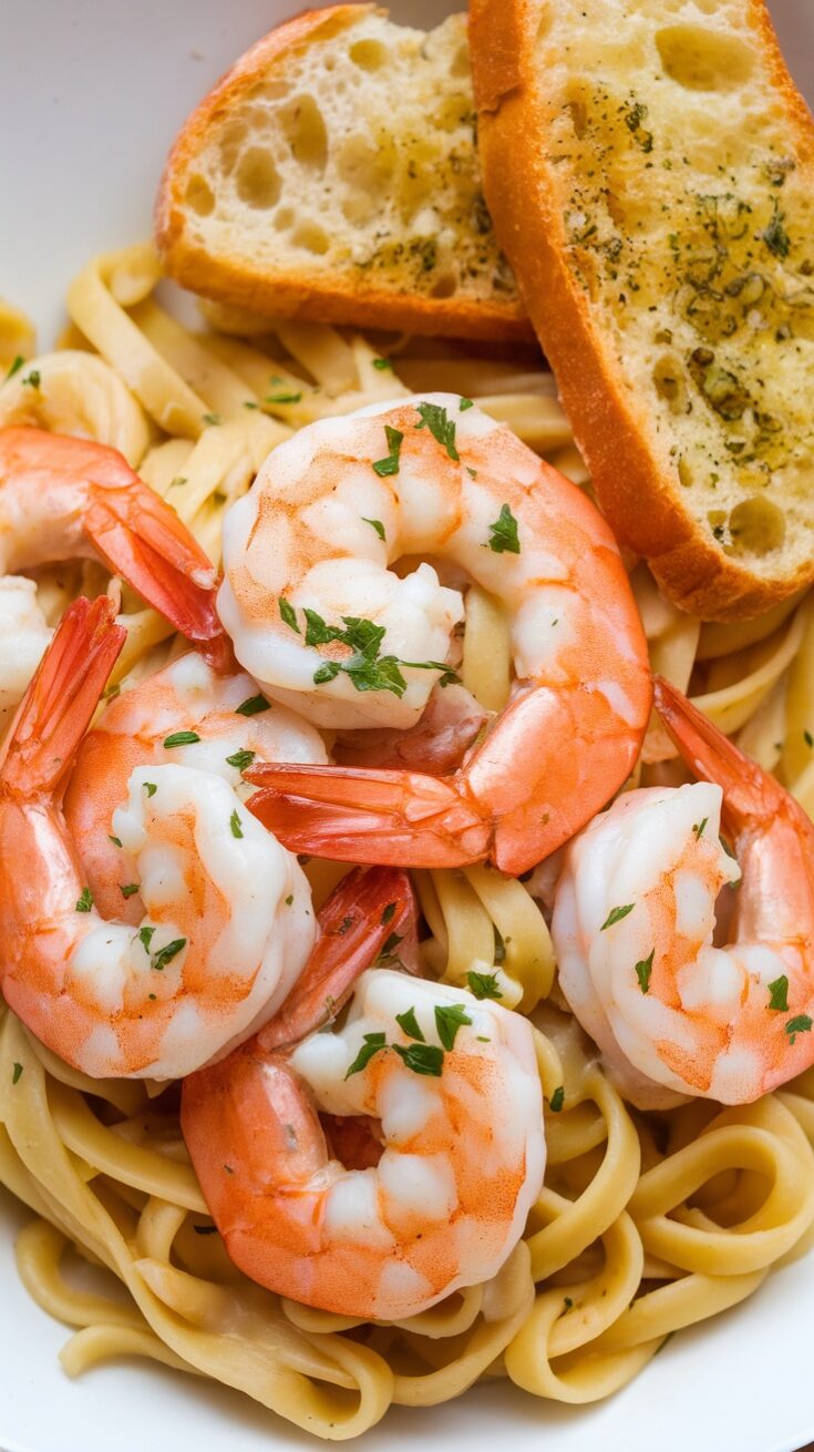Romantic Shrimp Scampi with Garlic Bread and White Wine Butter Sauce