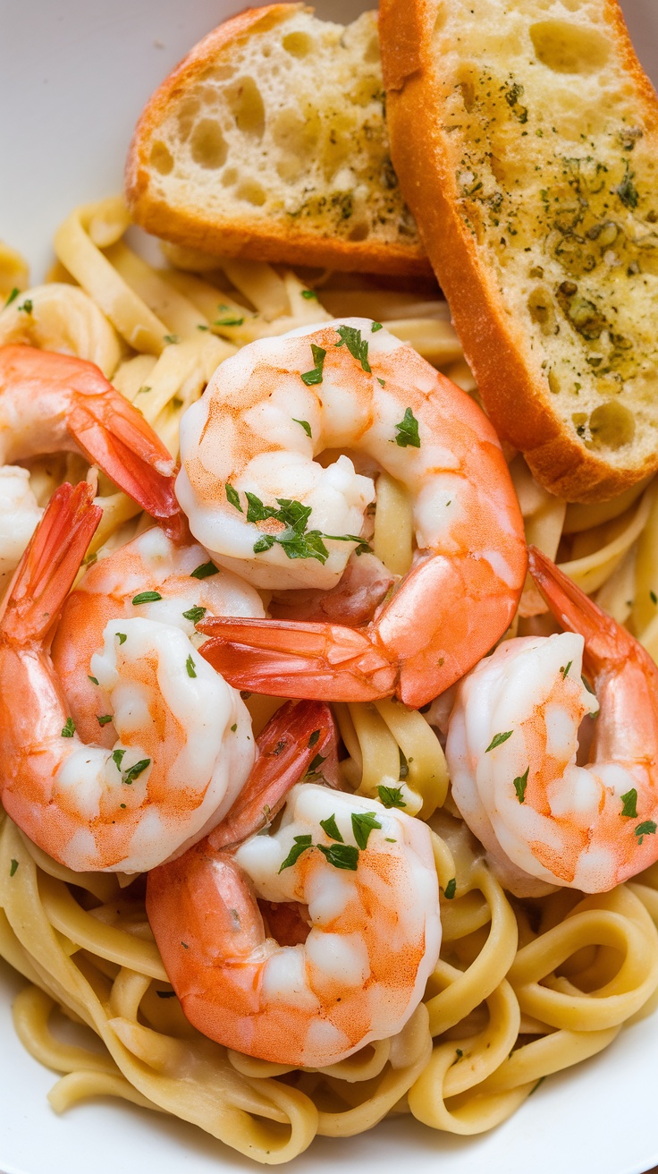 A plate of shrimp scampi with garlic bread, showcasing shrimp on a bed of pasta.