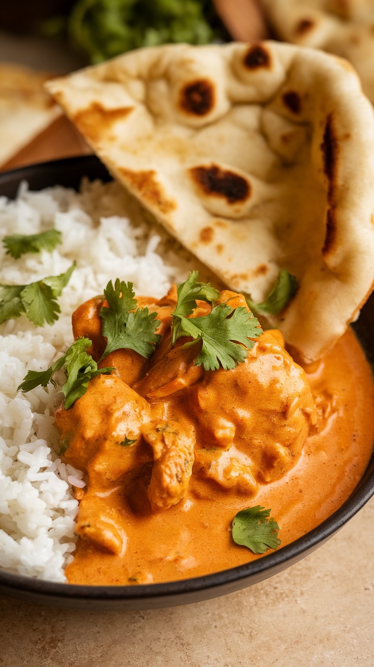 Bowl of Chicken Tikka Masala with rice and naan, garnished with cilantro