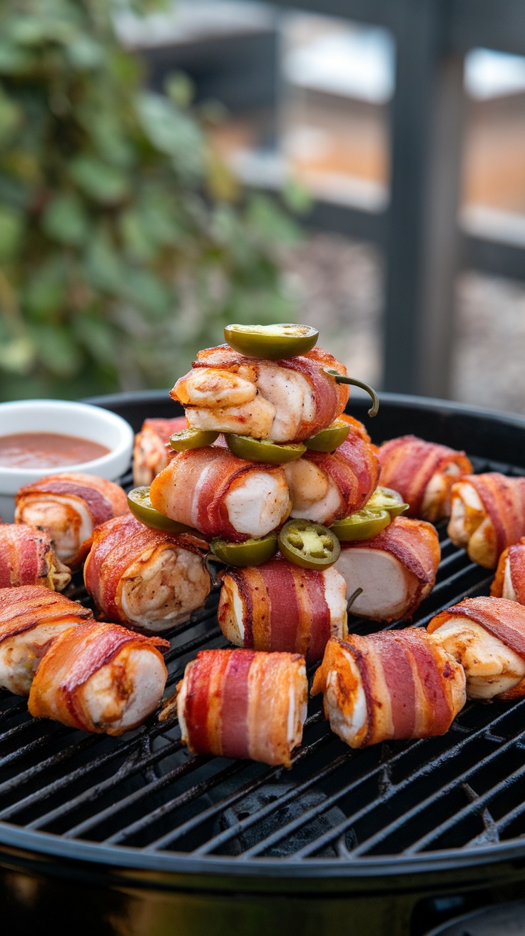 A platter of spicy bacon wrapped chicken bites with jalapeños on a grill.
