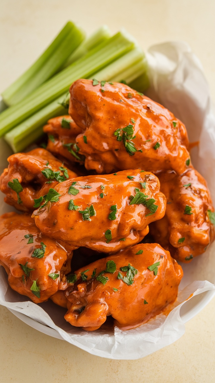 Plate of spicy buffalo chicken with garlic butter sauce and celery sticks