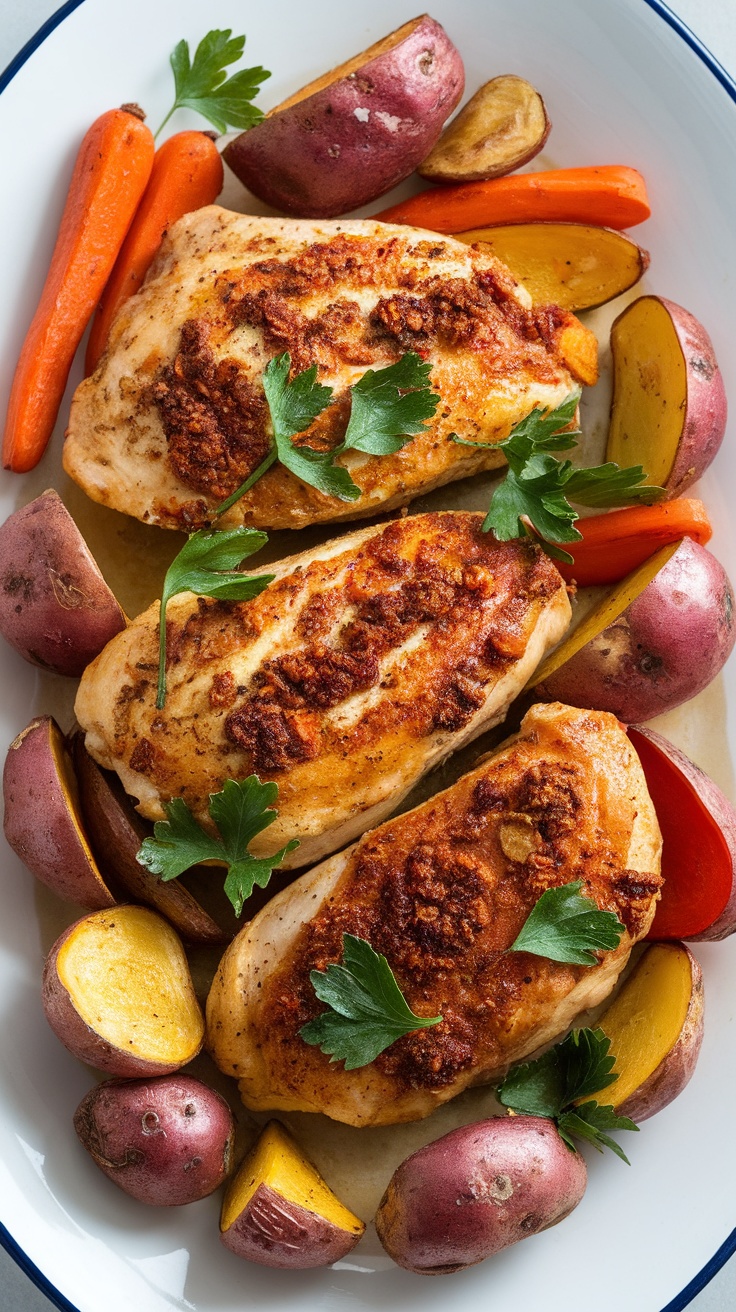 Three spicy Cajun chicken breasts with carrots and red potatoes, garnished with parsley.