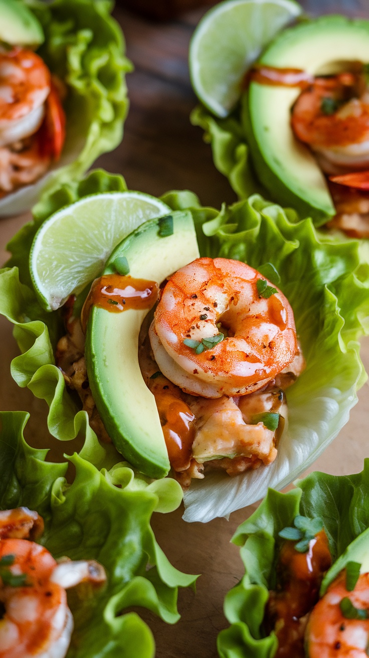Spicy shrimp and avocado lettuce wraps garnished with lime