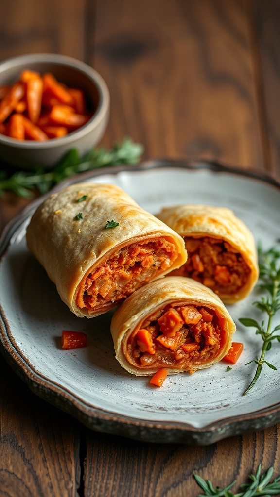 Plate of spicy vegan chorizo sausage rolls with chopped vegetables