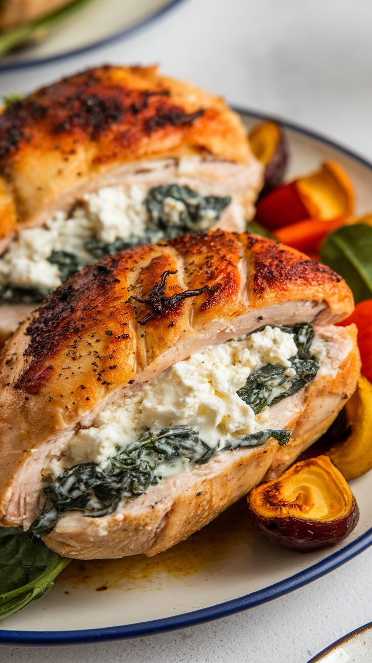 Spinach and Feta Stuffed Chicken Breasts with colorful vegetables on a plate