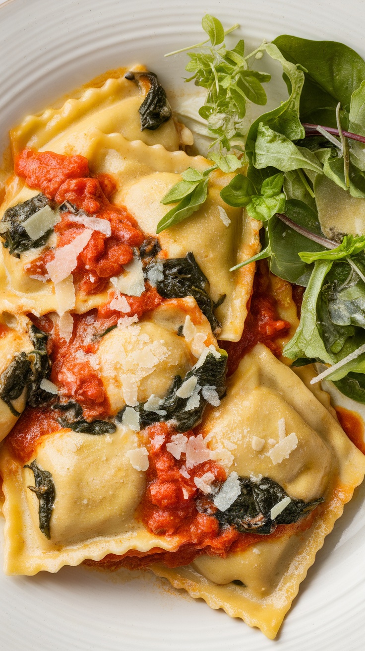 Plate of spinach and ricotta cheese ravioli with tomato cream sauce and a side salad