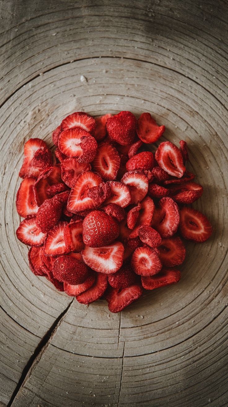 A circle of dehydrated strawberry slices arranged on a wooden surface.