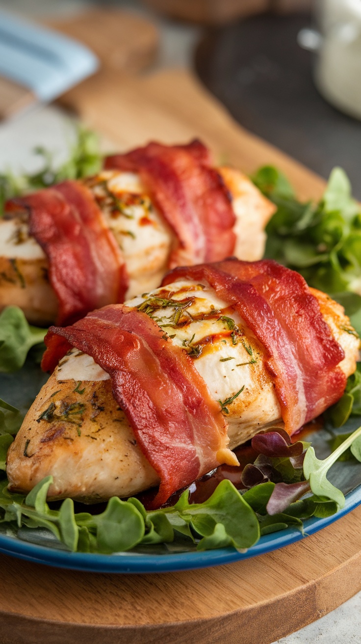 Stuffed chicken breasts wrapped in bacon on a plate with greens
