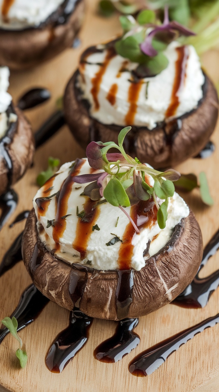 Stuffed portobello mushrooms topped with goat cheese and balsamic glaze.