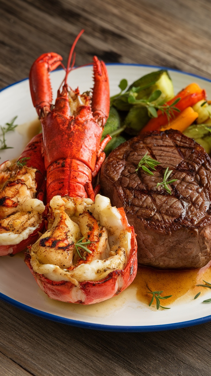 Surf and turf plate featuring grilled lobster tails and filet mignon with garlic butter sauce