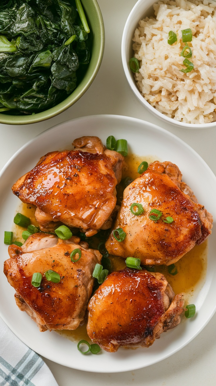 Delicious honey garlic chicken thighs served with rice and spinach