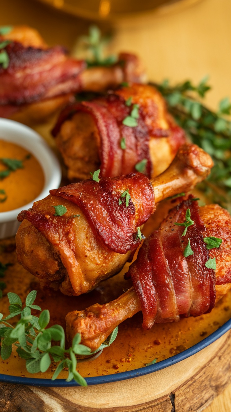 Sweet and spicy bacon wrapped chicken drumsticks on a plate with dipping sauce.