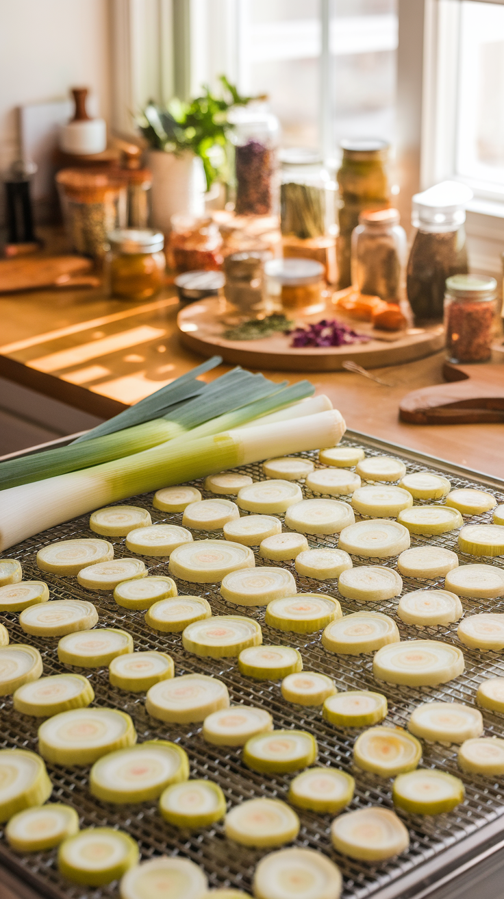 Sliced leeks in a dehydrator with jars of dehydrated vegetables in the background.