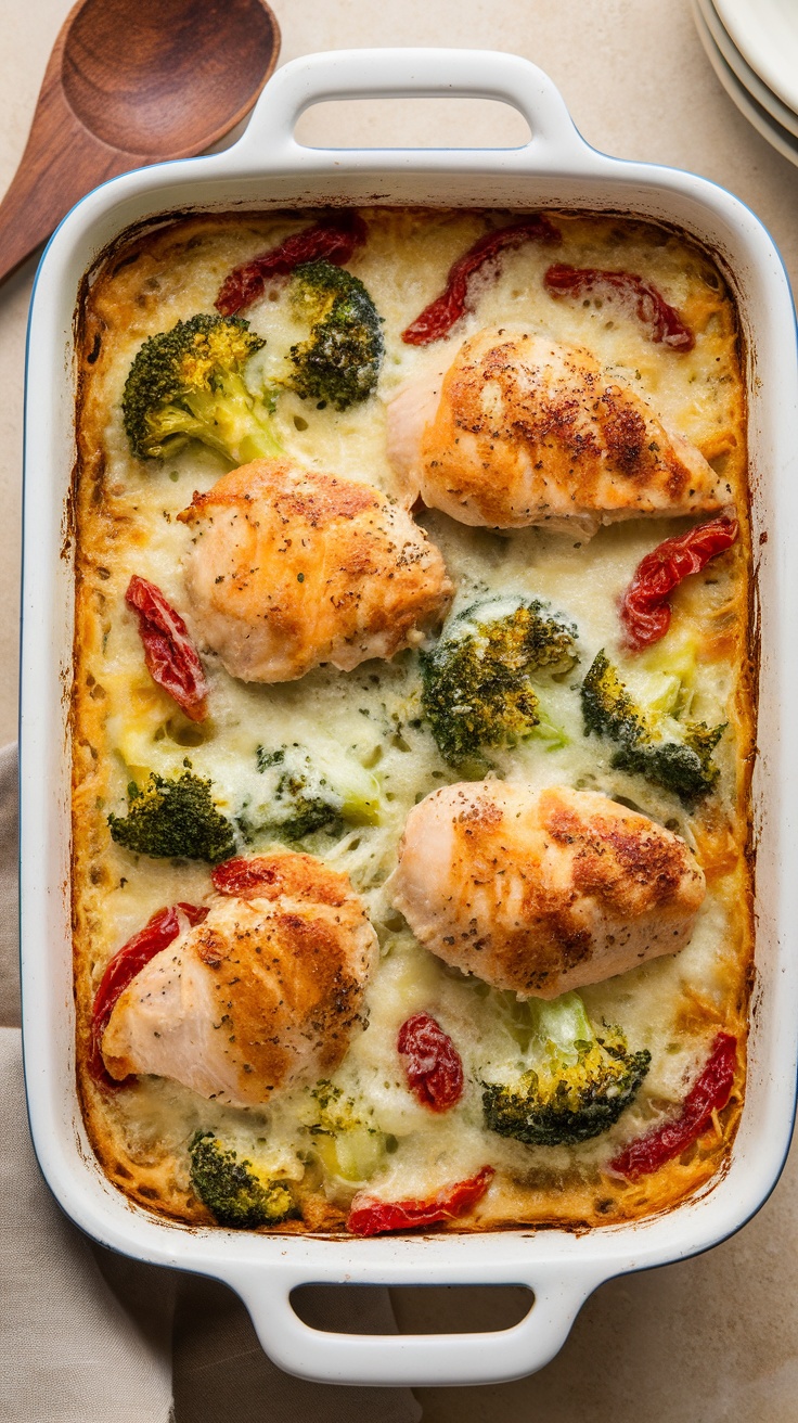 Tuscan chicken and broccoli bake in a white baking dish