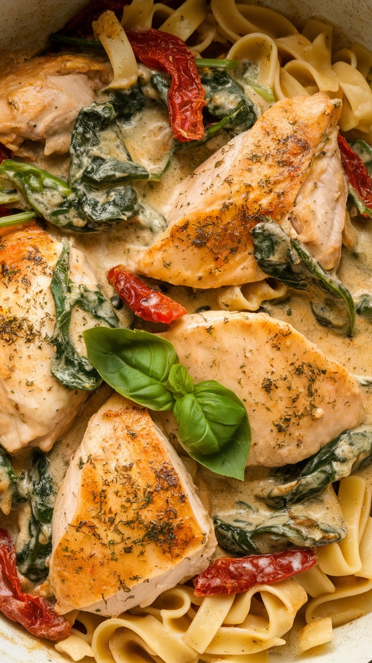 A delicious plate of Tuscan Chicken Pasta featuring creamy garlic sauce, sun-dried tomatoes, and spinach.