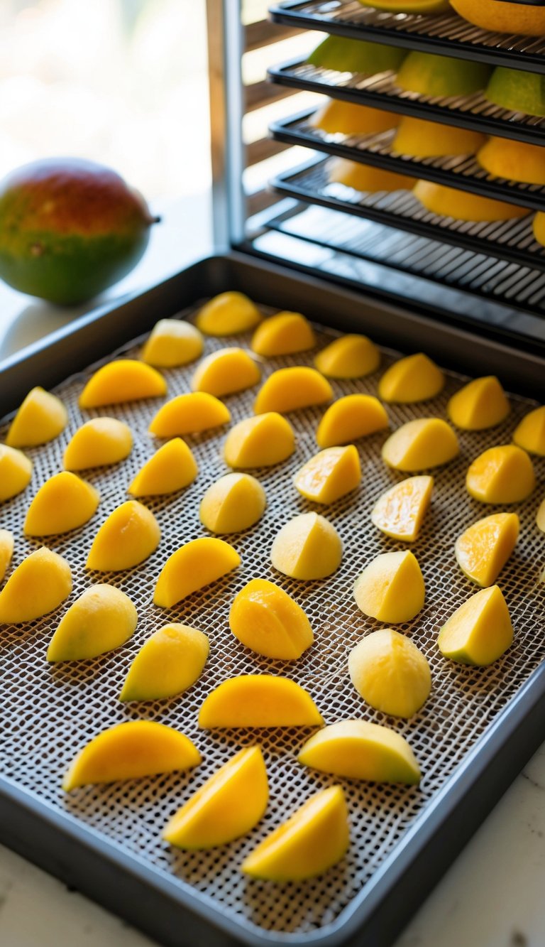 Slices of mango arranged on a baking sheet, drying in a dehydrator