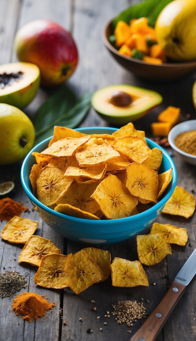 A bowl of dehydrated mango chips surrounded by tropical fruit and a colorful array of spices on a rustic wooden table