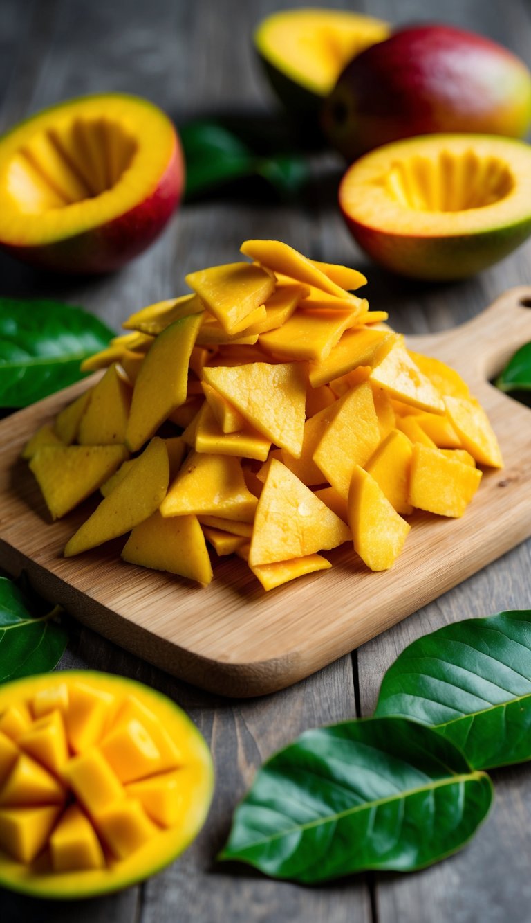 A pile of vibrant, golden mango chips arranged on a wooden cutting board, surrounded by fresh mangoes and green leaves