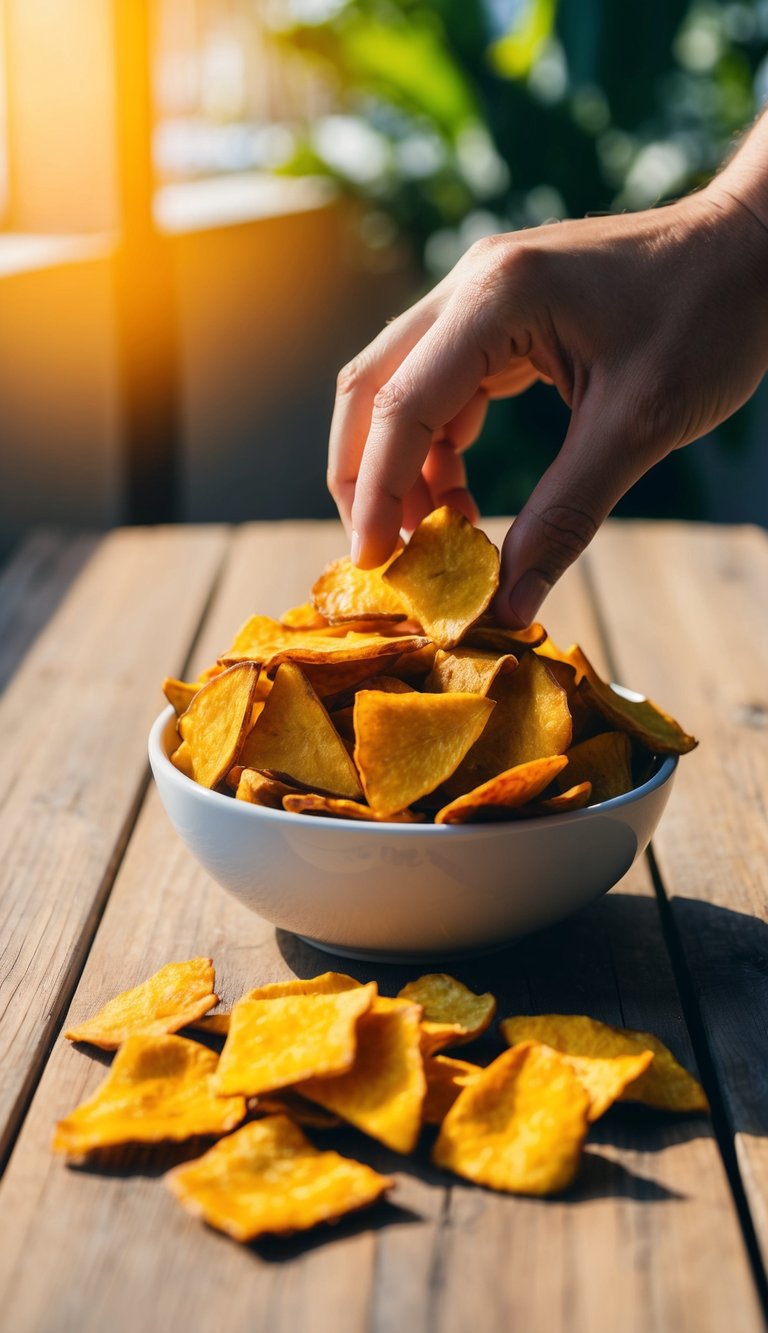A hand reaching for a pile of vibrant, dried mango chips on a wooden table. Sunlight streams in, casting a warm glow on the sweet, golden fruit