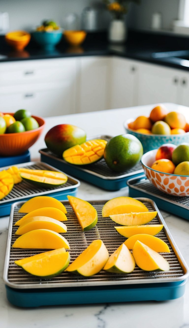 Fresh mango slices arranged on dehydrator trays, surrounded by a clean kitchen counter and colorful fruit bowls