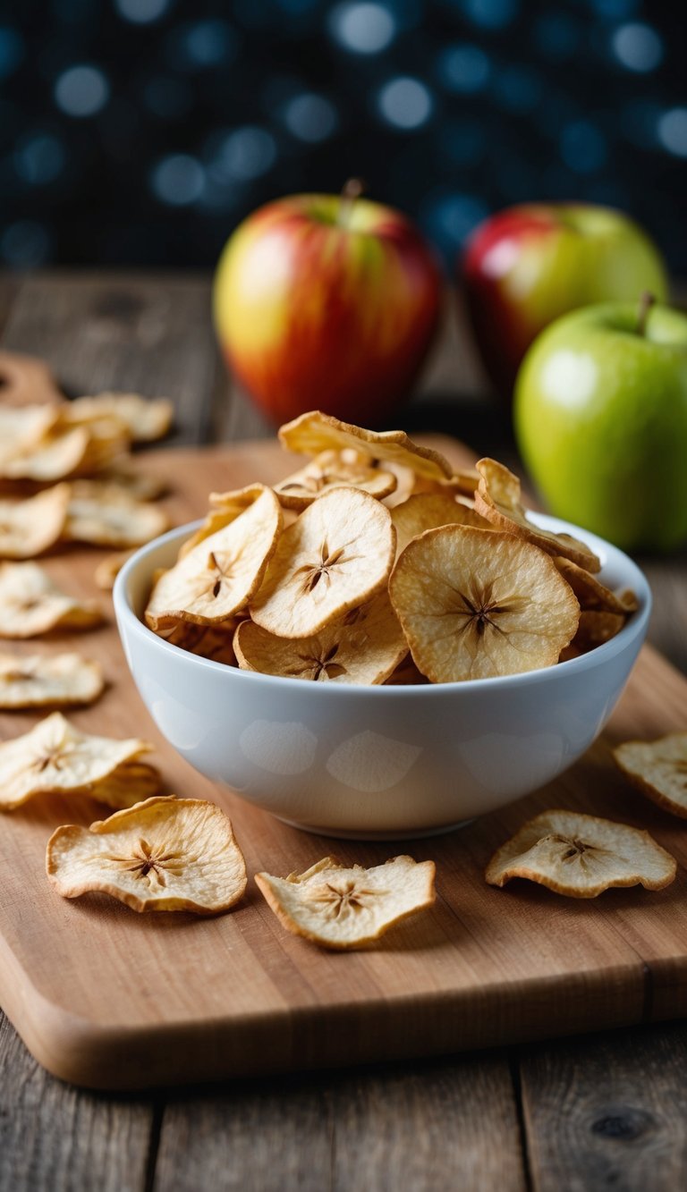 A bowl of dehydrated apple chips scattered on a wooden cutting board with a few whole apples in the background