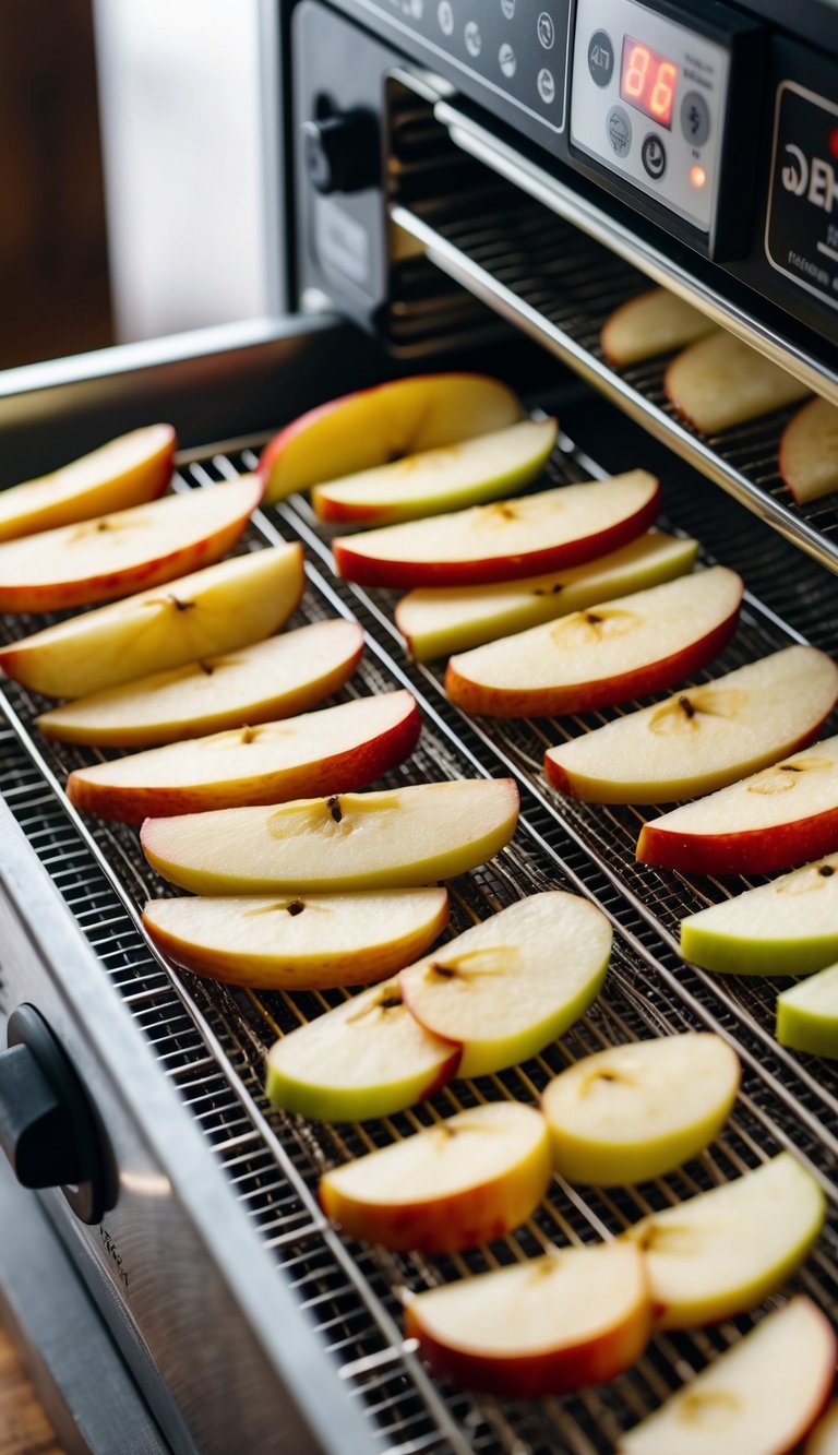 Fresh apple slices arranged on dehydrator trays, with the machine set to low heat