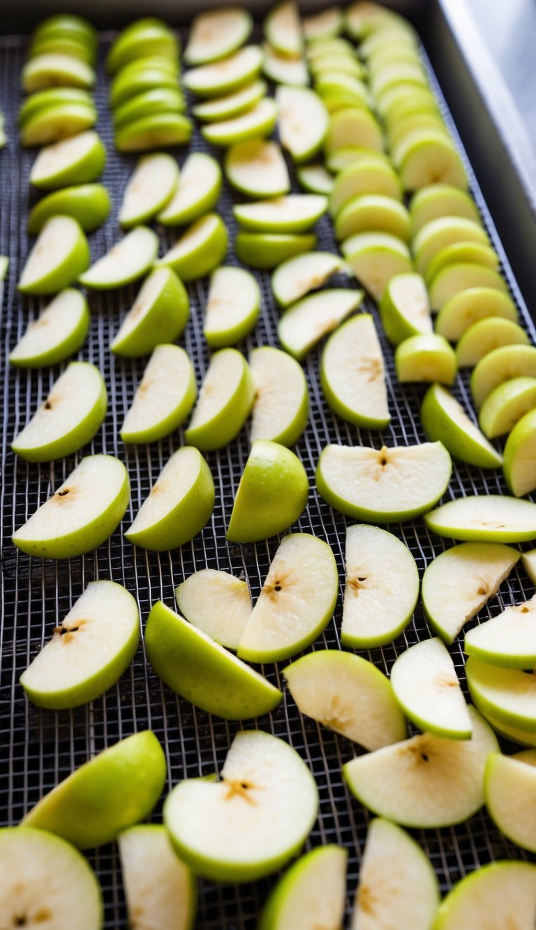 Apples being sliced into thin chips on a cutting board, arranged in rows before being placed on a dehydrator tray