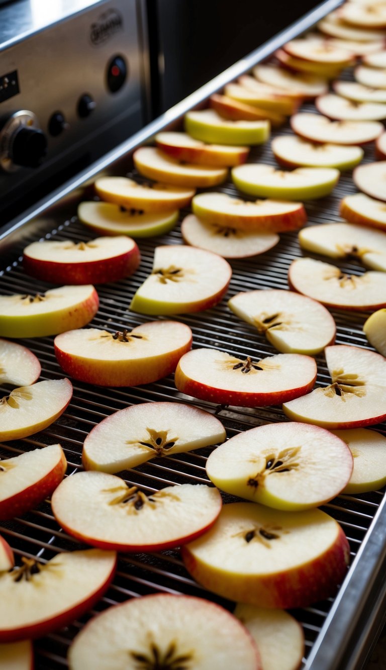 Fresh apples sliced thin, laid out on dehydrator trays, slowly drying in the warm air