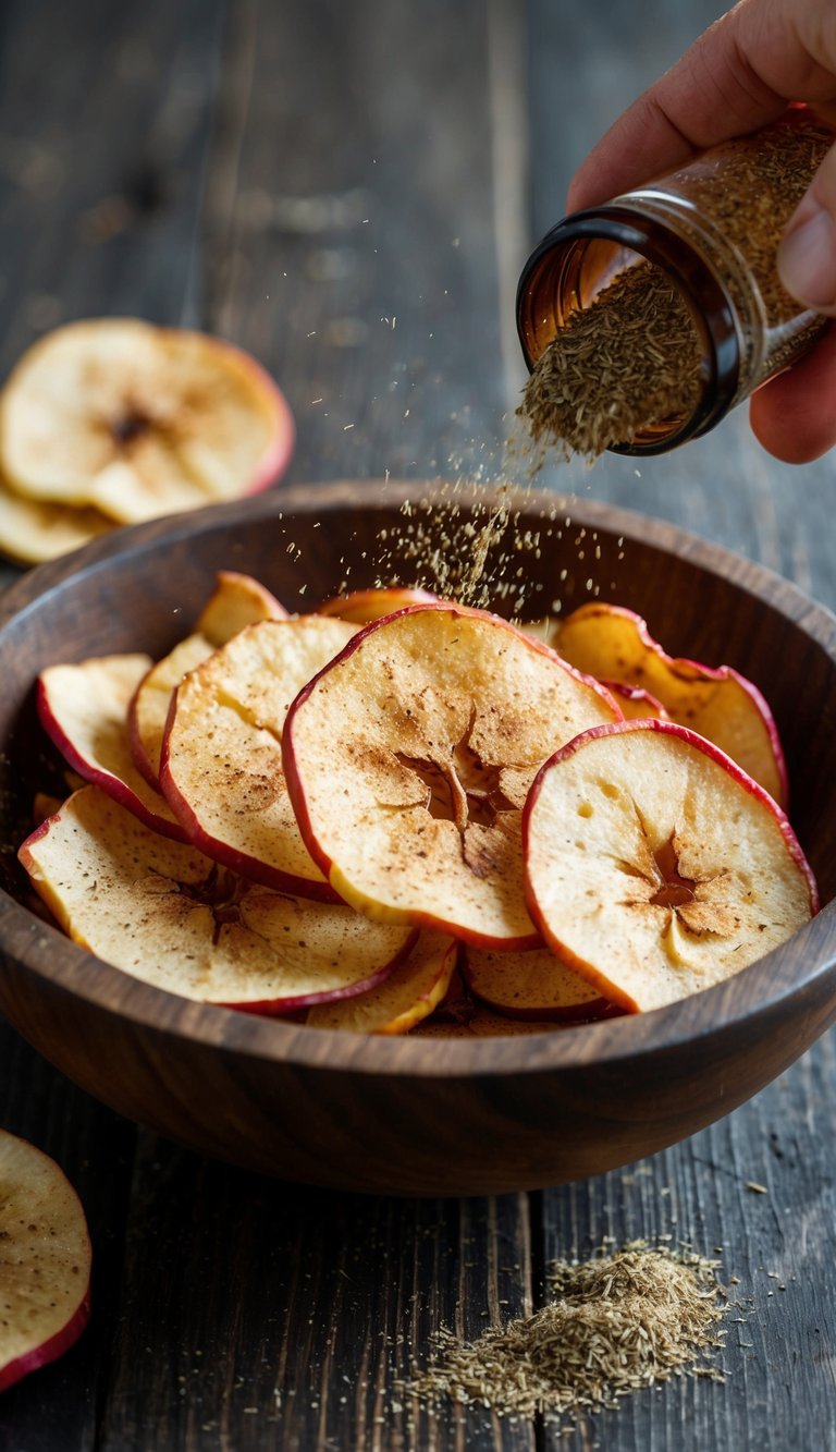 Dehydrated apple chips being sprinkled with seasoning in a rustic wooden bowl