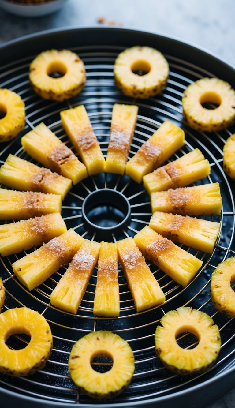 Slices of pineapple arranged in a circular pattern on a dehydrator tray, with a light dusting of sugar and cinnamon