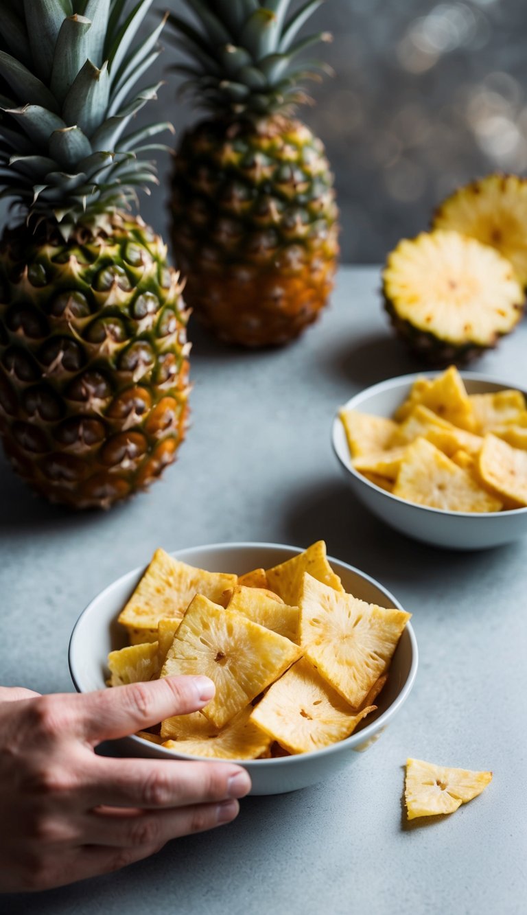 A hand reaching for a bowl of dehydrated pineapple chips with fresh pineapples in the background