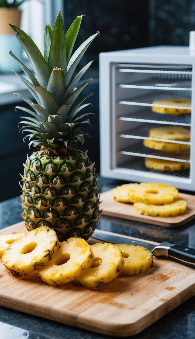 Fresh pineapple slices laid out on a cutting board, with a sharp knife and dehydrator in the background