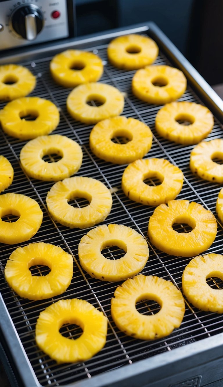 Fresh pineapple slices arranged on a dehydrator tray, with the machine set to low heat