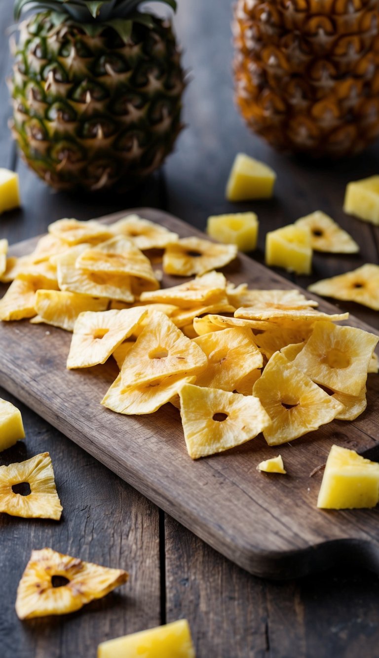 Dehydrated pineapple chips arranged on a rustic wooden cutting board with scattered dried pineapple slices and a few fresh pineapple chunks in the background