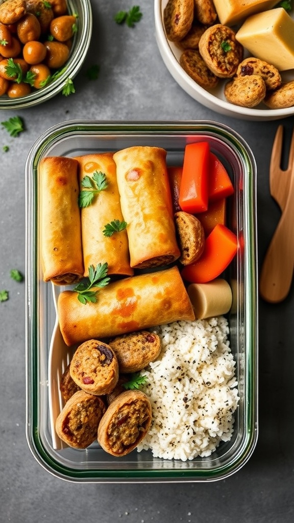 A meal prep container with vegan sausage rolls, rice, and vegetables.