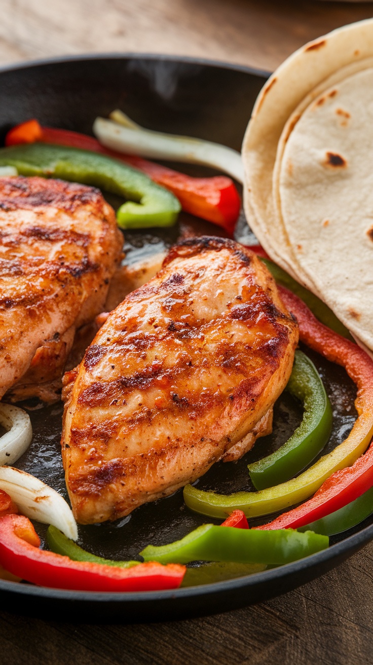 Zesty chicken fajitas with bell peppers and onions in a skillet