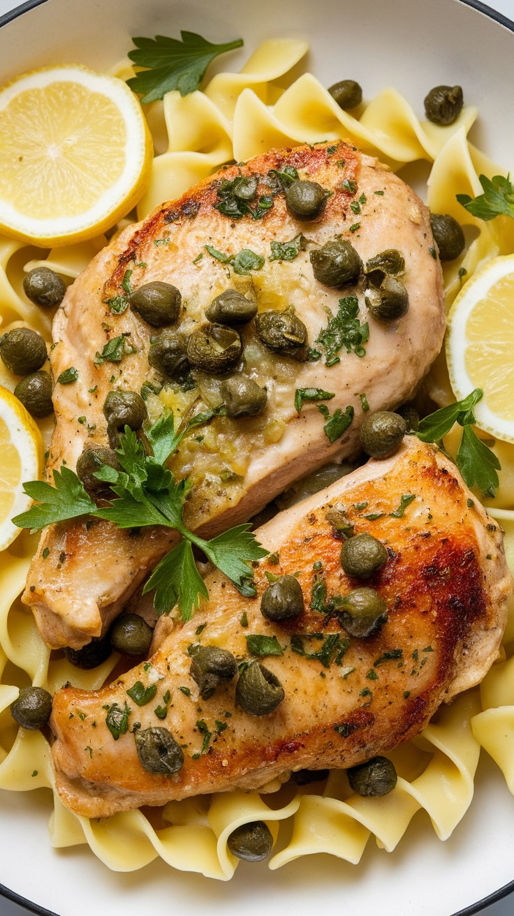 Zesty Lemon Chicken Piccata with capers and lemon slices over noodles