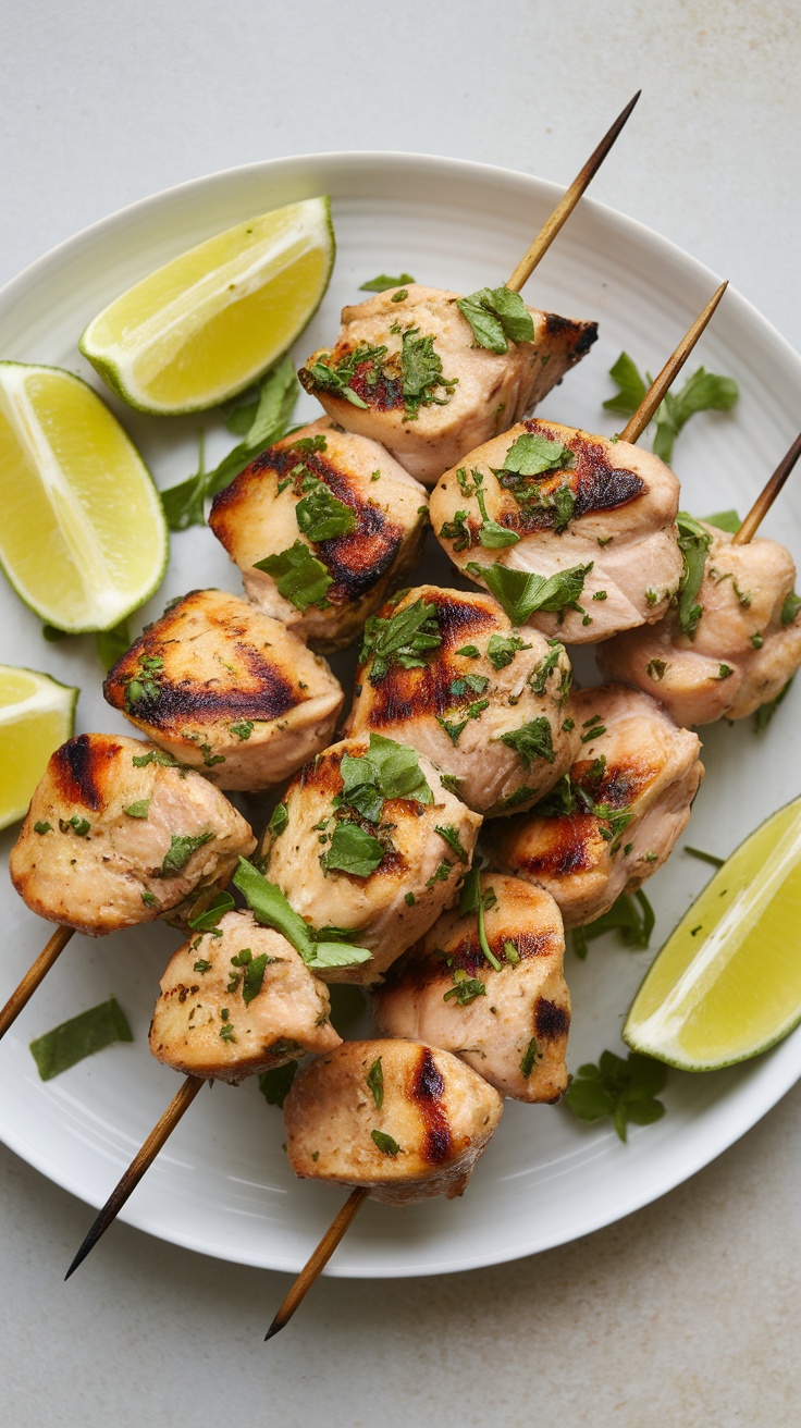 Grilled chicken skewers with lemon and herbs on a plate
