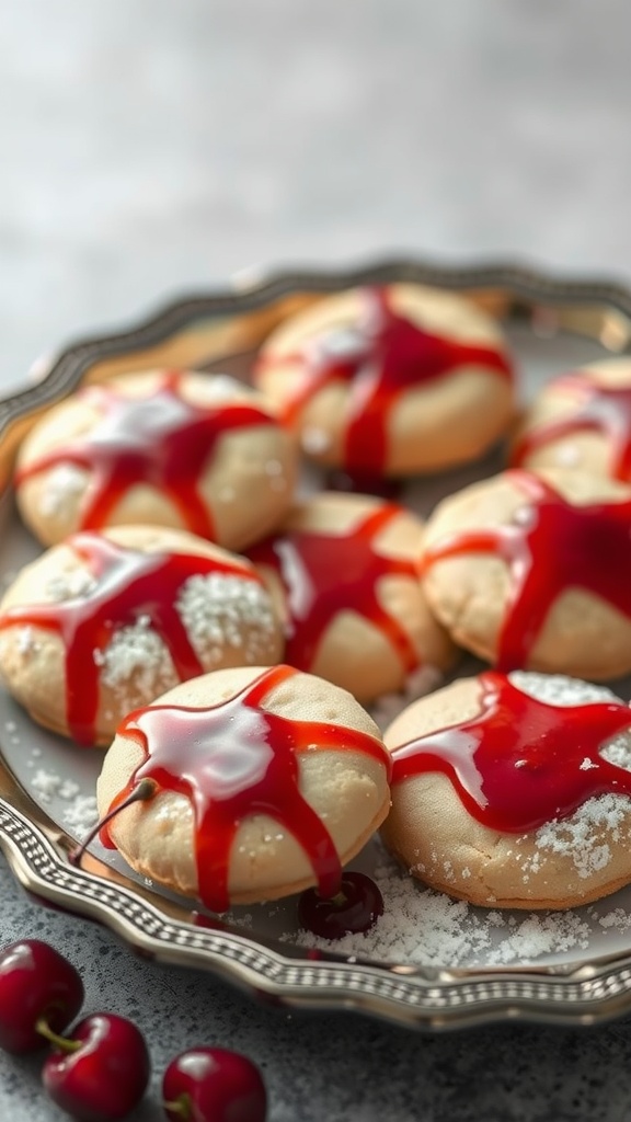 Almond sugar cookies with cherry drizzle on a silver platter