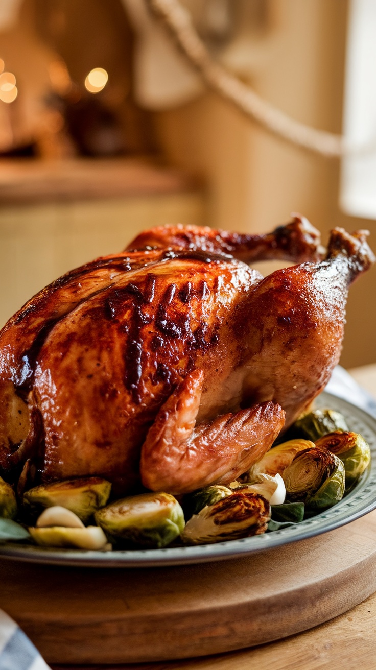 A perfectly roasted balsamic glazed chicken surrounded by Brussels sprouts and garlic