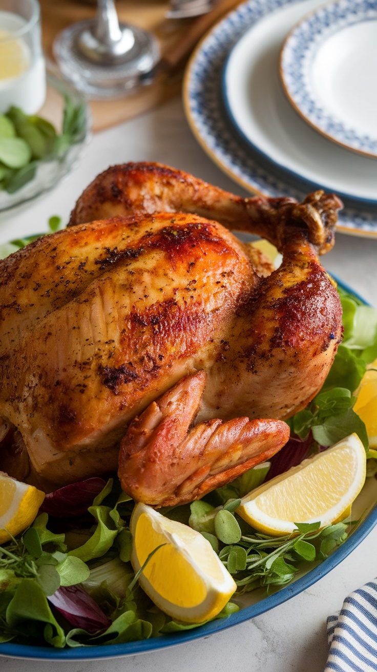 A whole buttermilk roast chicken garnished with lemon slices and greens on a plate.