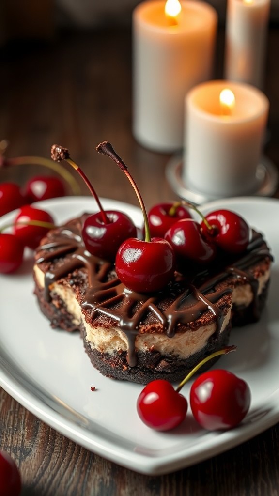 Delicious Cherry Cheesecake Brownies topped with fresh cherries and chocolate drizzle.