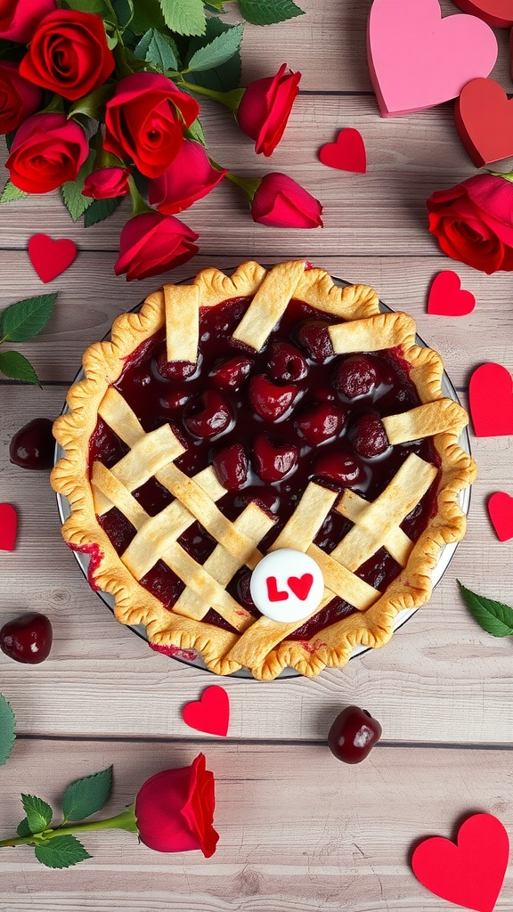 A cherry pie with heart-shaped lattice crust, surrounded by roses and heart decorations