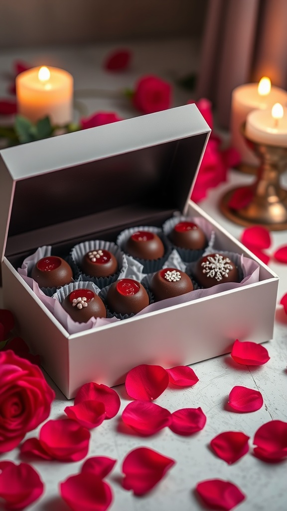 A box of chocolate-covered cherry cordials surrounded by rose petals and candles